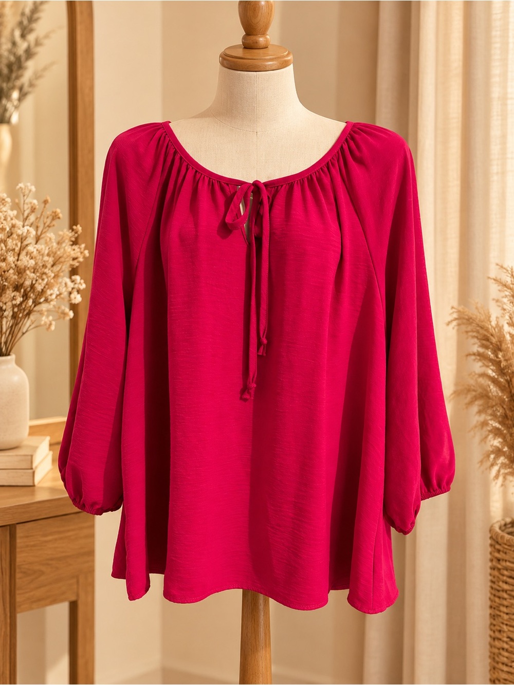 Marianne Tie-Neck Peasant Tunic - Fuchsia
